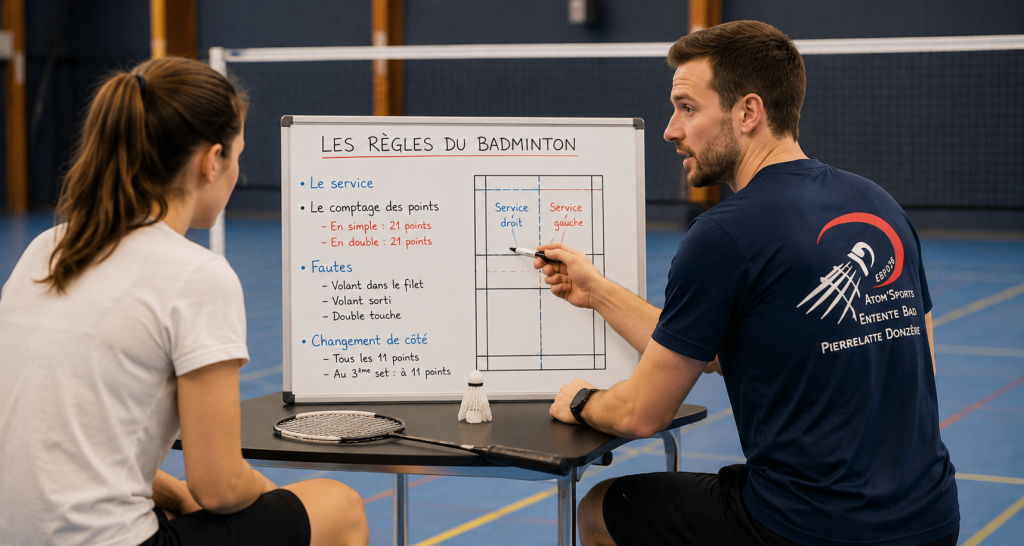 coach qui explique les règles du badminton